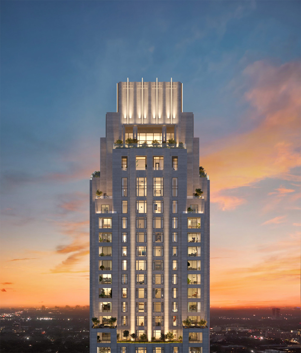 Illuminated crown of the tower at dusk