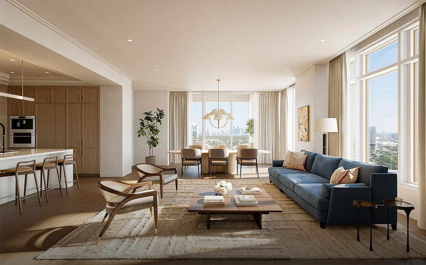 Great room with chandelier and panoramic glass