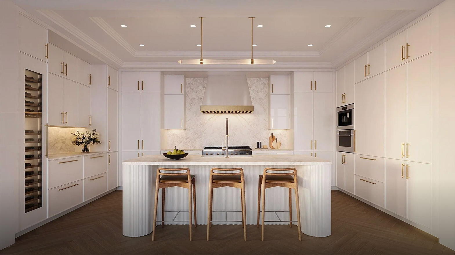 Chef's kitchen with custom millwork and integrated wine wall