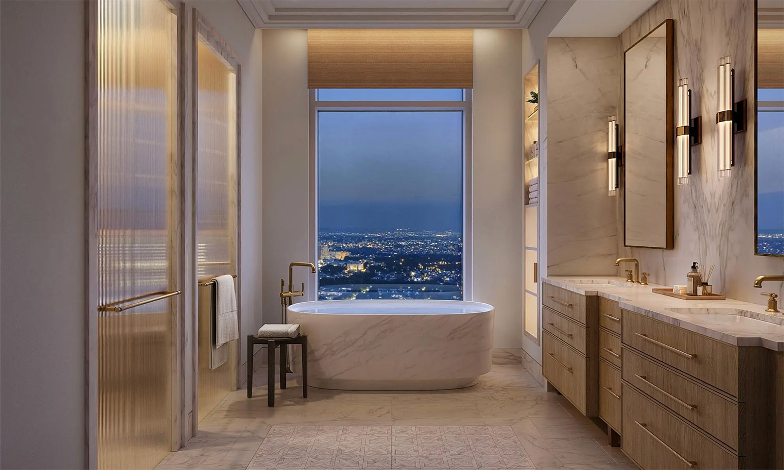 Spa-style primary bath with marble and city views