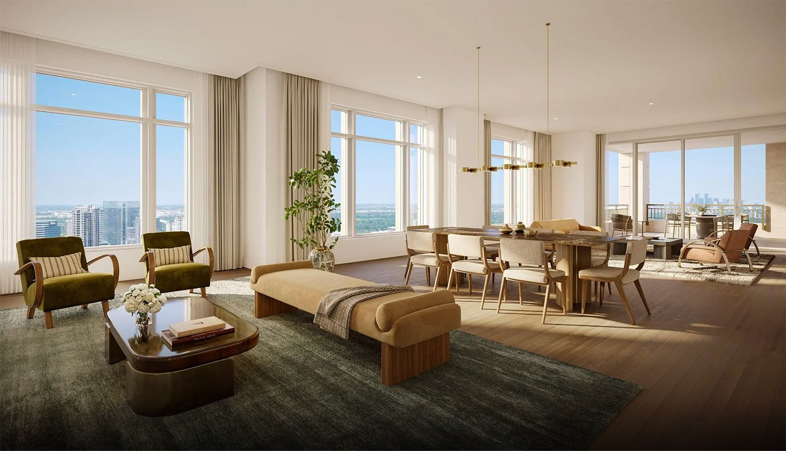 Living room with floor-to-ceiling Houston views
