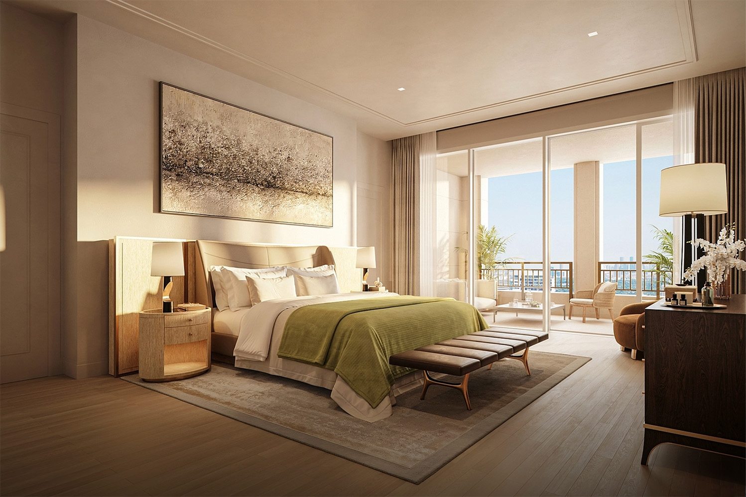 Primary suite with private balcony and skyline view